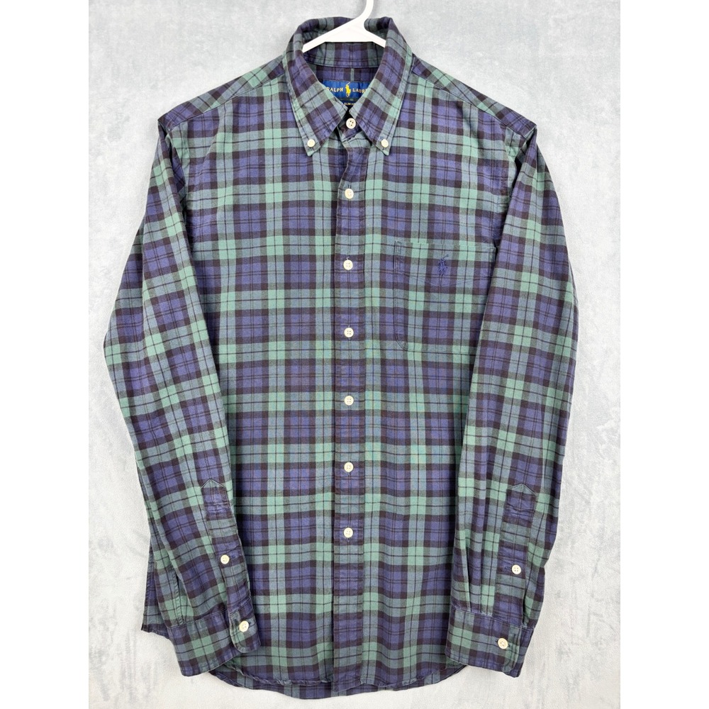 Ralph Lauren Slim Fit Plaid Button Down Shirt Mens Small Green Blue Cotton
